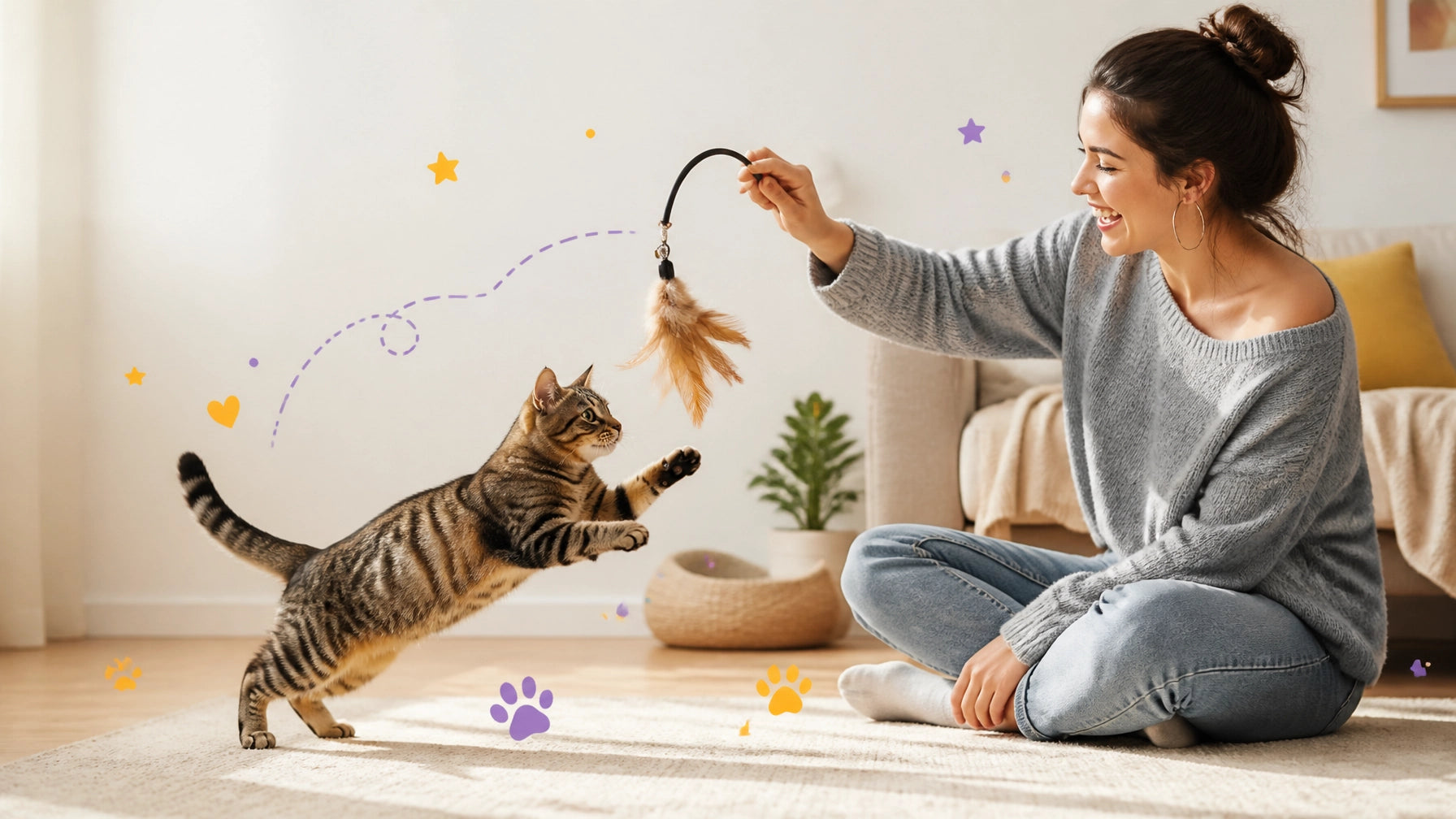 A cat playing with its owner using a feather teaser toy in a bright, cozy living room