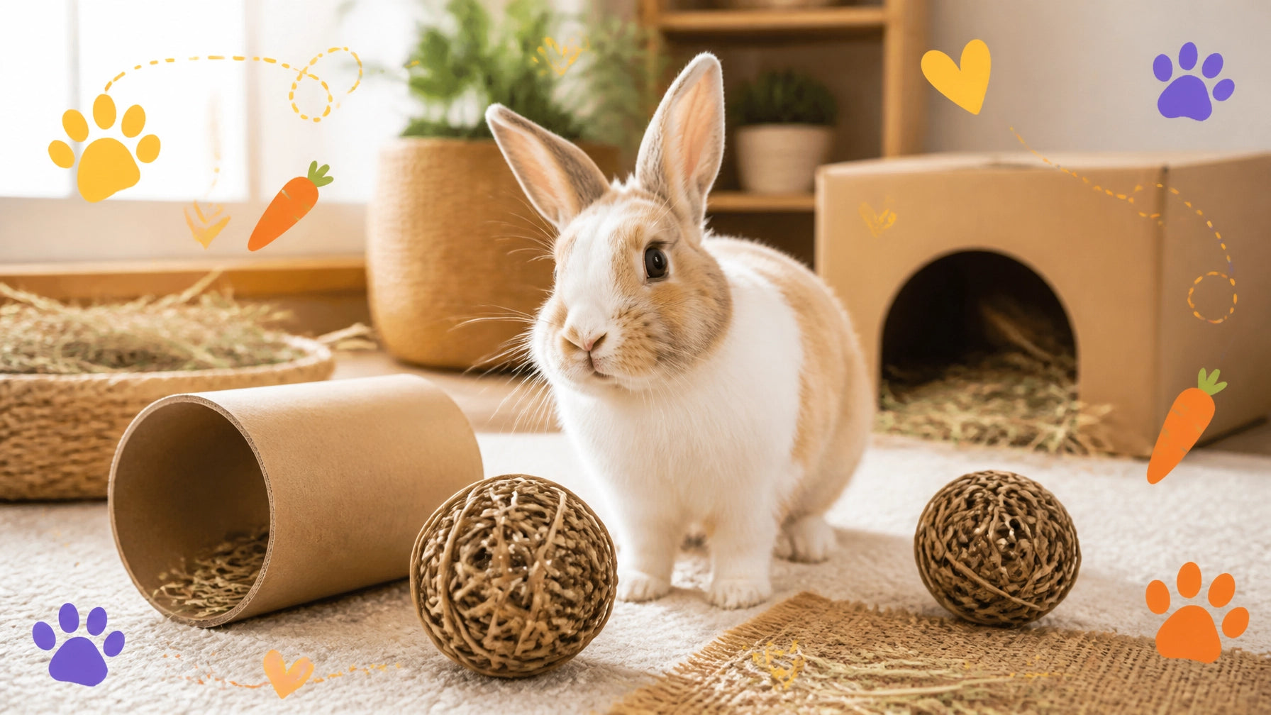 A happy rabbit exploring a bright indoor play area with willow balls, hay, a cardboard tunnel, and a hide box