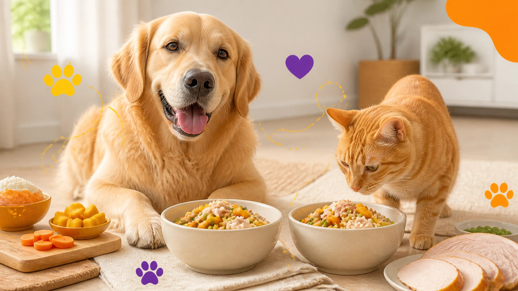 Golden retriever and orange tabby cat beside wholesome pet food bowls in a bright home kitchen
