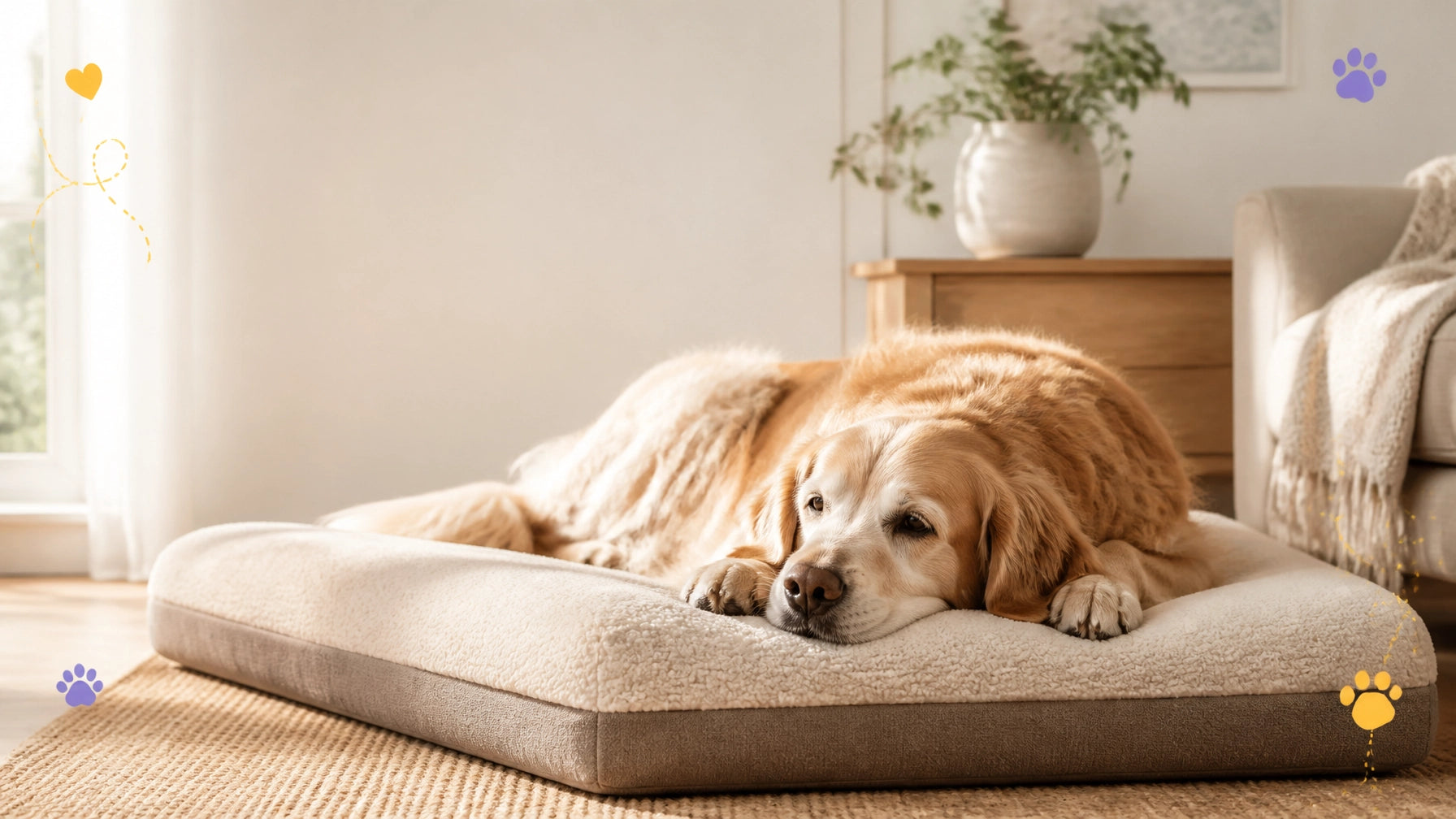 Senior golden retriever resting comfortably on a thick orthopedic dog bed in a warm home