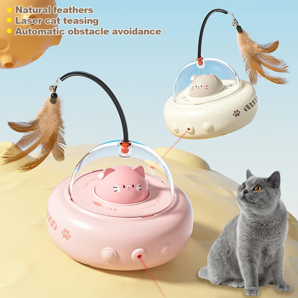 Smart teaser cat toy with feather attachment in pink and cream color options