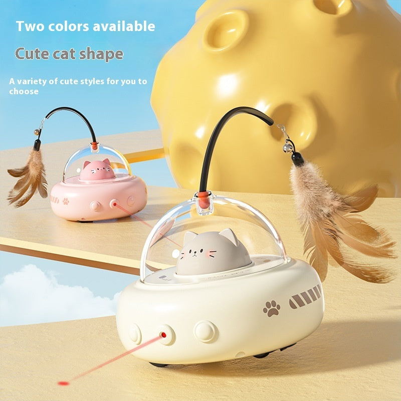 Close-up of a smart UFO-style cat teaser toy with a feather attachment