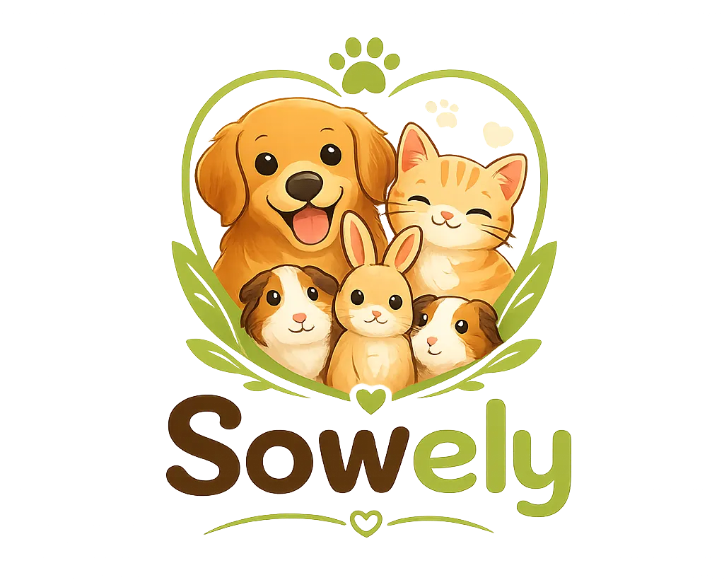 A cute cartoon logo featuring a golden retriever, orange tabby cat, two white and brown puppies, and a rabbit inside a green heart-shaped frame, with the word 'Sowely' below in brown and green text on a white background.